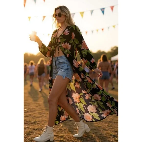 Flying Tomato Tropical Print Duster | Tie Waist Tiered Maxi Top - Picture 4 of 12